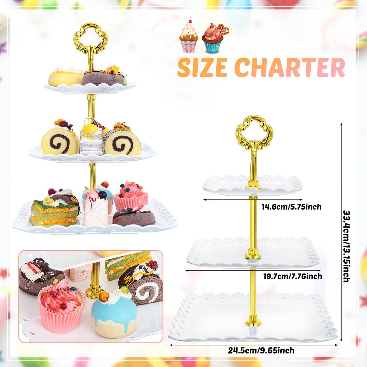 Gandeer 6 Sets of 3 Tier Tea Party Cupcake Stand, White Plastic Cupcake Dessert Plates Square Display Trays for Cake Fruit Candy Display Tower for Wedding Birthday Baby Shower Decorations