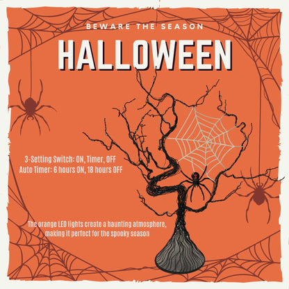 Haute Decor Halloween Tree with Spider - Lighted Black Metal Tree Halloween Centerpiece