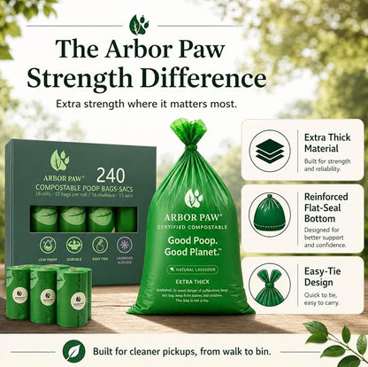 Arbor Paw Compostable Dog Waste Bags, BPI Certified ASTM D6400, Extra Thick 20 Micron, Lavender Scented, 240 Bags (16 Rolls × 15)