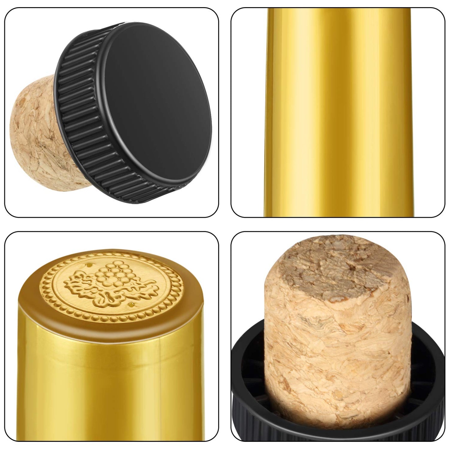 Blulu 100 Pack Wine Sealer for Wine Bottles, 50 Pcs Cork Stoppers and 50 Pcs PVC Heat Shrink Capsules Bottle Resealer Kit for Cruise Home Cellars Wedding Christmas Party(Gold, Black)