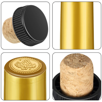 Blulu 100 Pack Wine Sealer for Wine Bottles, 50 Pcs Cork Stoppers and 50 Pcs PVC Heat Shrink Capsules Bottle Resealer Kit for Cruise Home Cellars Wedding Christmas Party(Gold, Black)