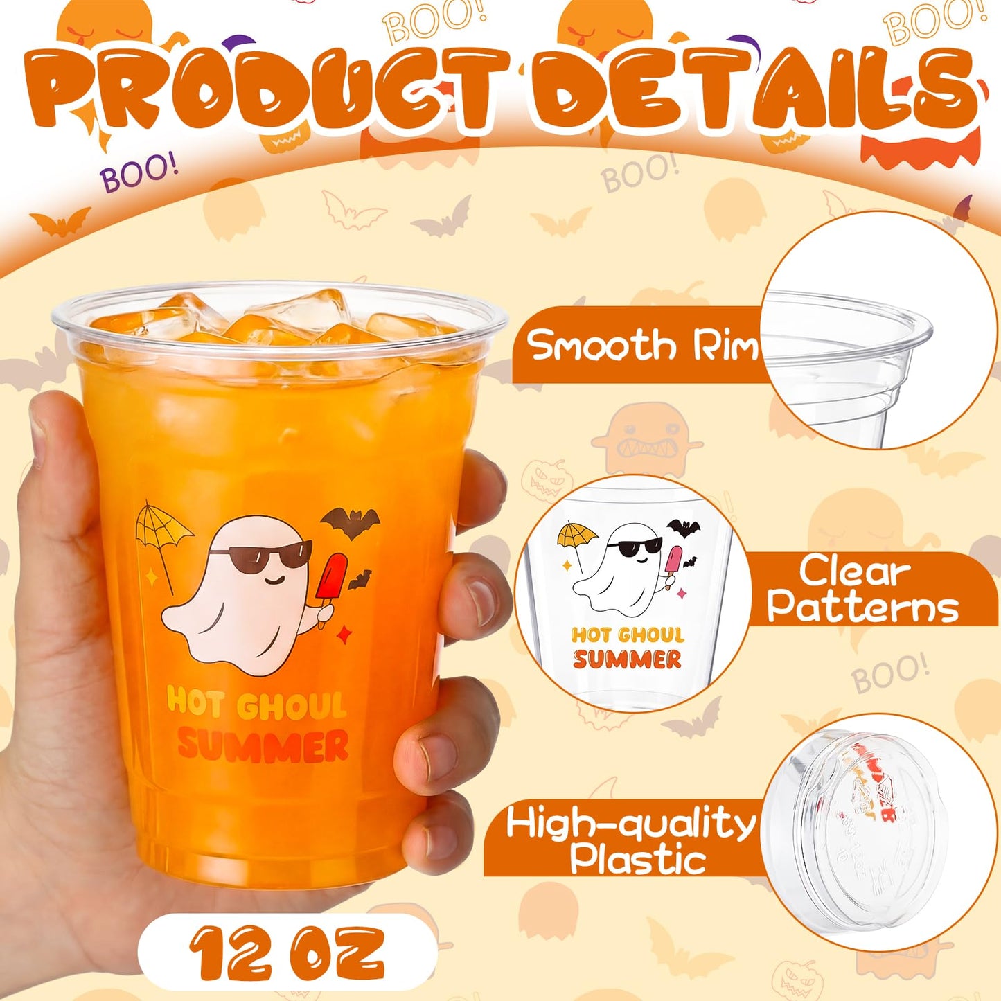 Vesici 60 Pcs Summer Party Disposable Plastic Cups with Straws 12oz Cute Ghost Clear Party Cups with Lids Hot Summer Ghoul Halloween Drinking Glasses Supplies for Birthday BBQ Bachelorette Pool