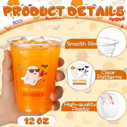 Vesici 60 Pcs Summer Party Disposable Plastic Cups with Straws 12oz Cute Ghost Clear Party Cups with Lids Hot Summer Ghoul Halloween Drinking Glasses Supplies for Birthday BBQ Bachelorette Pool