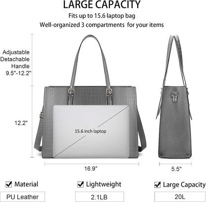 Laptop Bag for Women 15.6 Inch Laptop Tote Bag Leather Classy Computer Briefcase for Work Waterproof Handbag Professional Shoulder Bag Women Business Office Bag Large Capacity Grey