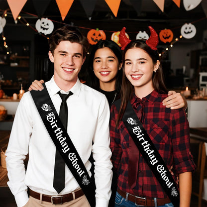 Black Birthday Ghoul Sash with White Glitter Printing Letters - Halloween Birthday Decorations，Glitter Cloth Goth Sash, Halloween Bhday Decorations