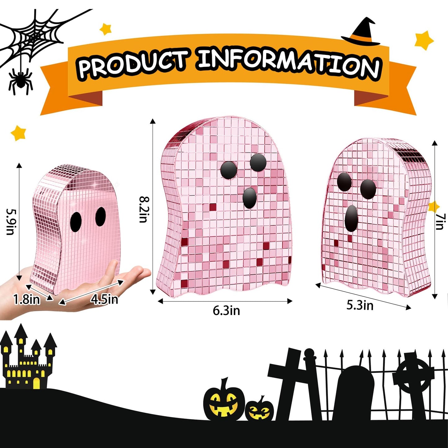 Sel Natural 3 Pcs Halloween Disco Ghost Decor,5.9" 7" 8.2" Ghost Mirror Disco Ball Indoor Glitter Spooky Ghost Sign Halloween Tiered Tray Decor Mosaic Table Centerpiece for Party Gift (Pink)