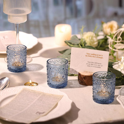 Lanttu Blue Votive Candle Holder Set of 12, Flower Tea Lights Candles Holders for Wedding Table Centerpieces, Birthday Parties, Home Decor, Blue Bridal Shower and Holiday Decorations