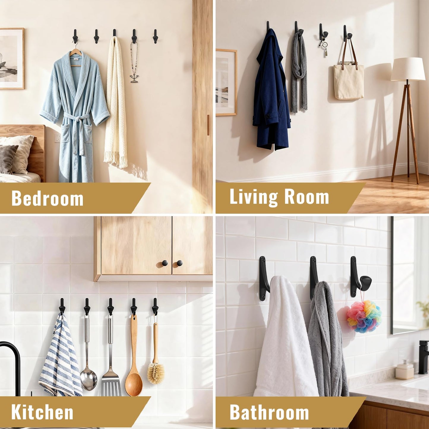 Tebgeag 10 Pack Wall Hooks for Hanging, Heavy Duty Metal Coat Hooks Wall Mount, Easy to Install Black Hooks for Entryway, Bathroom, Towels, Robes, Backpacks(Black)