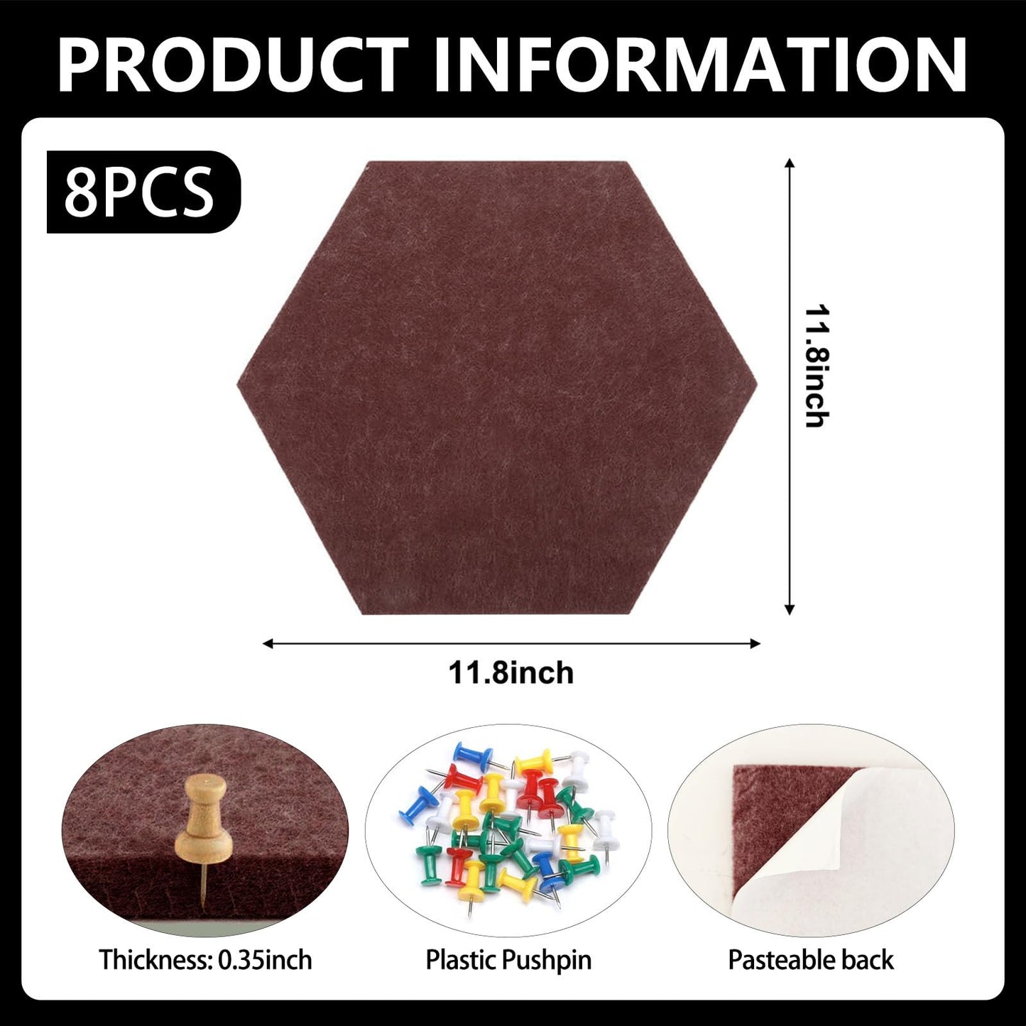 8 Packs Brown Hexagon Felt Pin Board, 12" Bulletin Board with 30 Push Pins, Felt Board for Home Kitchen Office Decor, Self-Adhesive Corkboard Tiles for Walls Message Photos Memos Display