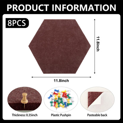 8 Packs Brown Hexagon Felt Pin Board, 12" Bulletin Board with 30 Push Pins, Felt Board for Home Kitchen Office Decor, Self-Adhesive Corkboard Tiles for Walls Message Photos Memos Display