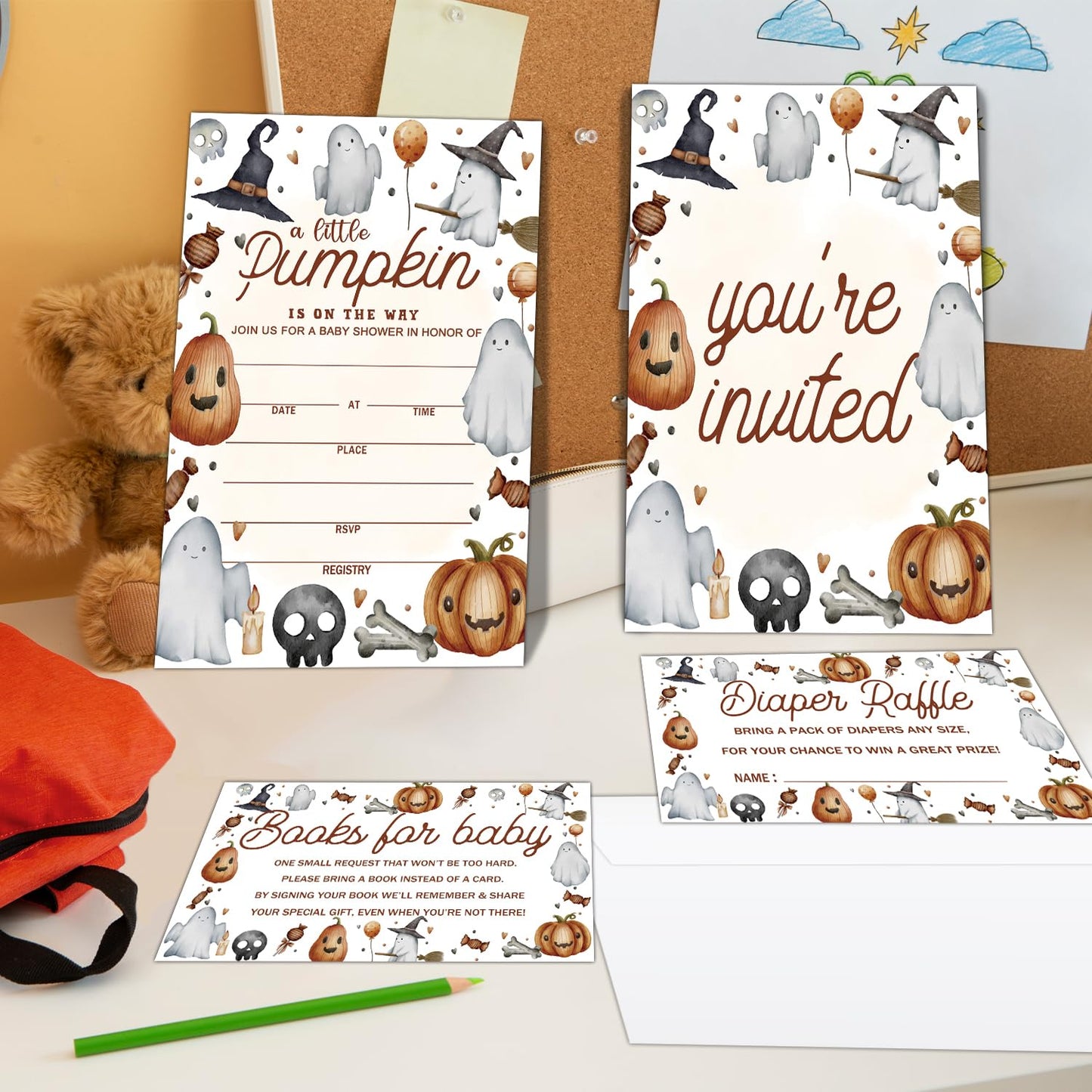 ZEDEV Deluxe Baby Shower Invitations 25 Sets, A Little Pumpkin Is On The Way, Pumpkin Cute Ghost for Halloween, Party Invites Cards with Book Cards Diaper Raffle Tickets and Envelopes -02