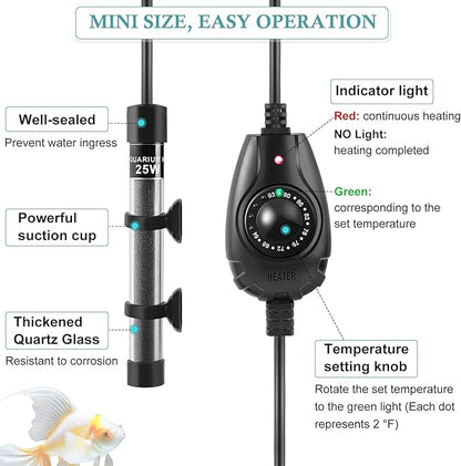 HITOP 15W Super Mini Aquarium Heater: Adjustable Heater for Small Fish Tank 1-4Gallons, with External Controller, Betta Heater for Fish Bowls(15W)