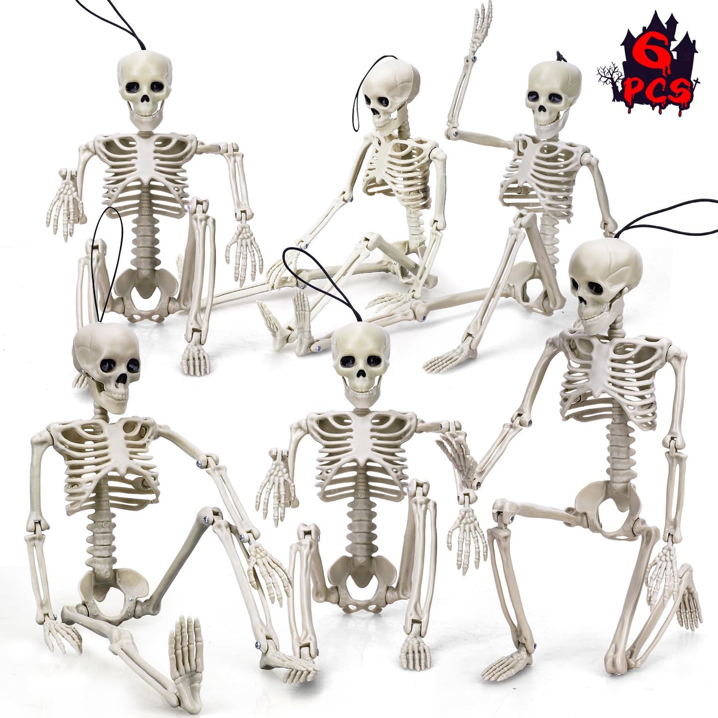 TOY Life 16" Posable Halloween Skeleton Decor - 6 Pcs Full Body Joints Outdoor Indoor Decorations, Plastic Hanging Skeleton for Halloween