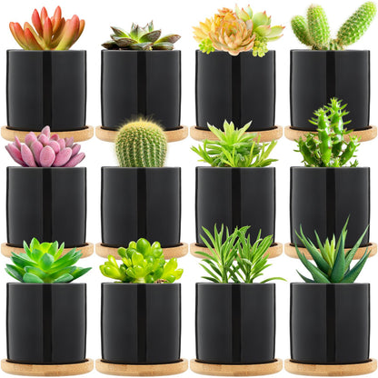 Cindeer 12 Pack Small Succulent Plants Pots 3 Inch Ceramic Flower Planter Pot and Bamboo Tray with Drainage Hole for Succulents Cactus Indoor Garden Decorations, Plant Not Included(Black)