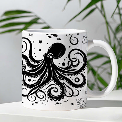15 oz White & Black Boho Ceramic Coffee Mug with Octopus Art - Comes with a Gift Card - Unique Novelty and Cool Mugs for Men and Women, Ocean Themed Decor and Fun Gifts