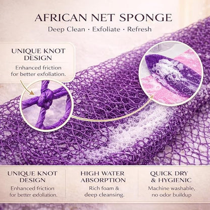 African Net Sponge Authentic, 3 Pieces African Exfoliating Net Sponge Body Back Scrubber Exfoliating Washcloth for Shower Bath for All Types Skin (Black+Pink+Blue, 3 Pcs)