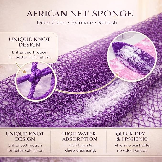 African Net Sponge Authentic, 3 Pieces African Exfoliating Net Sponge Body Back Scrubber Exfoliating Washcloth for Shower Bath for All Types (Brown+Blue+Gold, 3 Pcs)