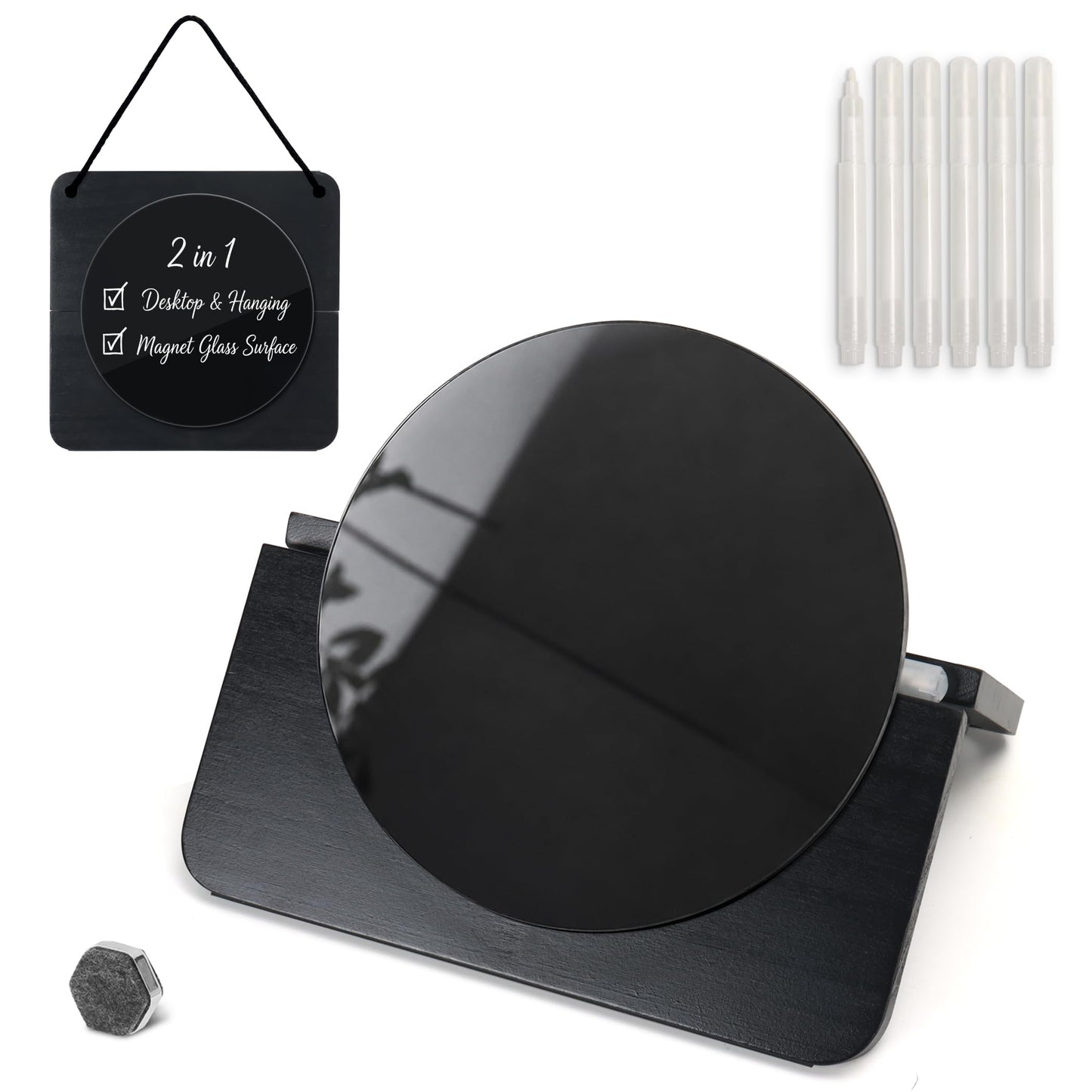 TOWON Glass Desktop Whiteboard with Solid Wood Stand - Foldable Mini Dry Erase Board for Desk - 2-in-1 Tabletop & Hanging Memo Board for Office Decor, Magnetic, Black and Round