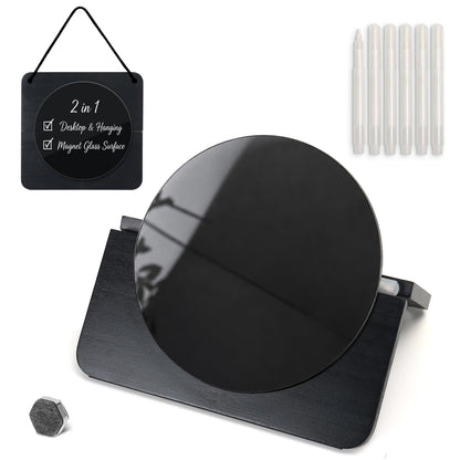 TOWON Glass Desktop Whiteboard with Solid Wood Stand - Foldable Mini Dry Erase Board for Desk - 2-in-1 Tabletop & Hanging Memo Board for Office Decor, Magnetic, Black and Round