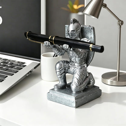 Resin Soldier Shield Knight Decor Statue Pen Holder Base for Desk, Desktop Organizer Pencil Stand Display for Office, School, Home, as Gift for Men Father