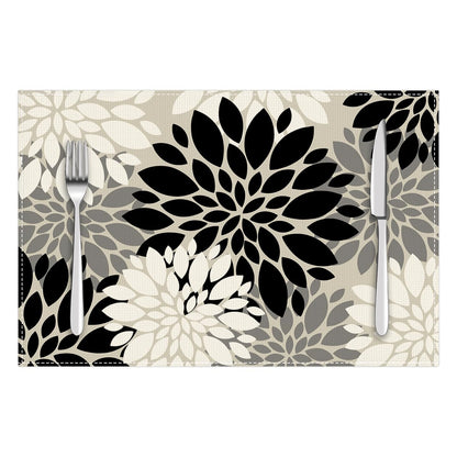 Grey Black White Dahlia Floral Placemats Set of 4, 12x18 Inch Waterproof Stain Resistant Linen Table Placemats Farmhouse Kitchen Party Decor Home Décor