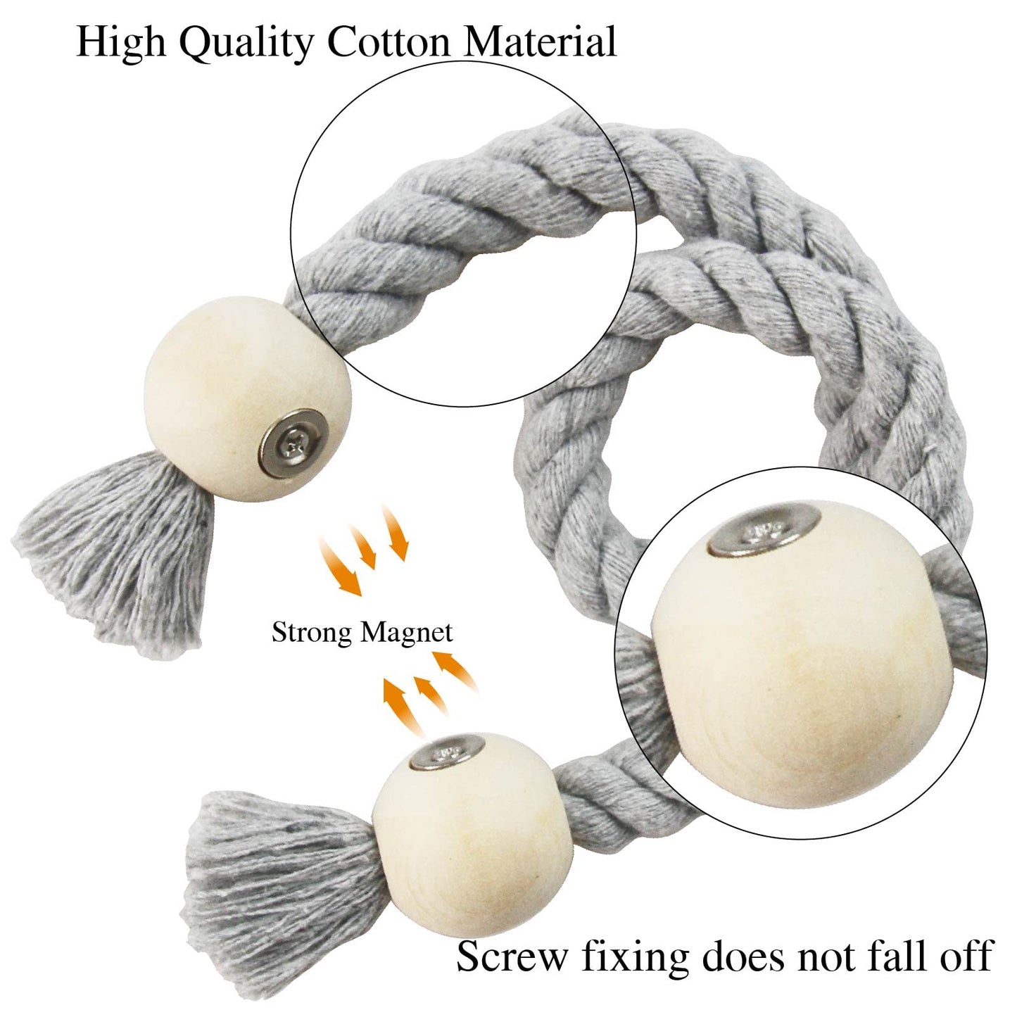 Porlau 4 Pack Grey Magnetic Curtain Tiebacks Cotton Hand Woven Tieback Holdback Decorative Tie Backs for Drapes with Wooden Buckle No Tools Required