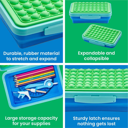 LockerMate by Bostitch Expandable Pencil Box with Pop-It Top Collapsible Pencil Case for Craft and School Supplies, Green/Blue