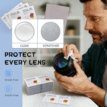 Lens Wipes for Eyeglasses (500 Count), Pre-moistened Cleaning Wipes, Non-Scratching and Streak-Free, Individually Packaged, Suitable for Cleaning Camera Lenses, Sunglasses, and Optical Equipment