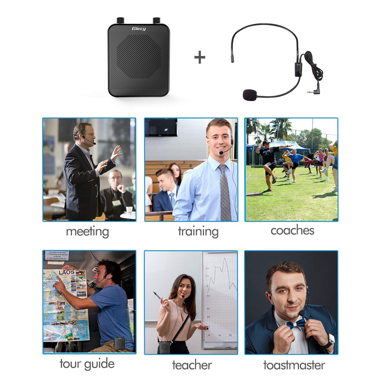 Giecy Portable Voice Amplifier, 30W 2800mAh Bluetooth Rechargeable Personal Voice Amplifier with Microphone Headset, Pa Systems Speaker for Multiple Locations Classroom, Meetings and Outdoors