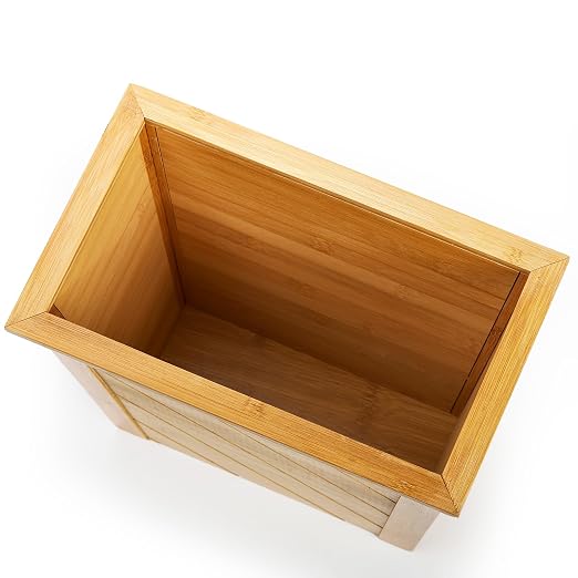 Frcctre Bamboo Waste Basket, Rectangular Compact Waste Trash Can Garbage Bin Built-in Handles Brown Container Bin for Bedroom, Office, Living Room, Kitchen, Bathroom