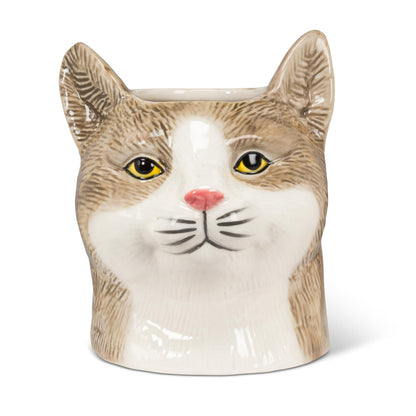 Abbott Collection Small Tabby Cat Planter - Stoneware, Grey/Brown (5 inches H)