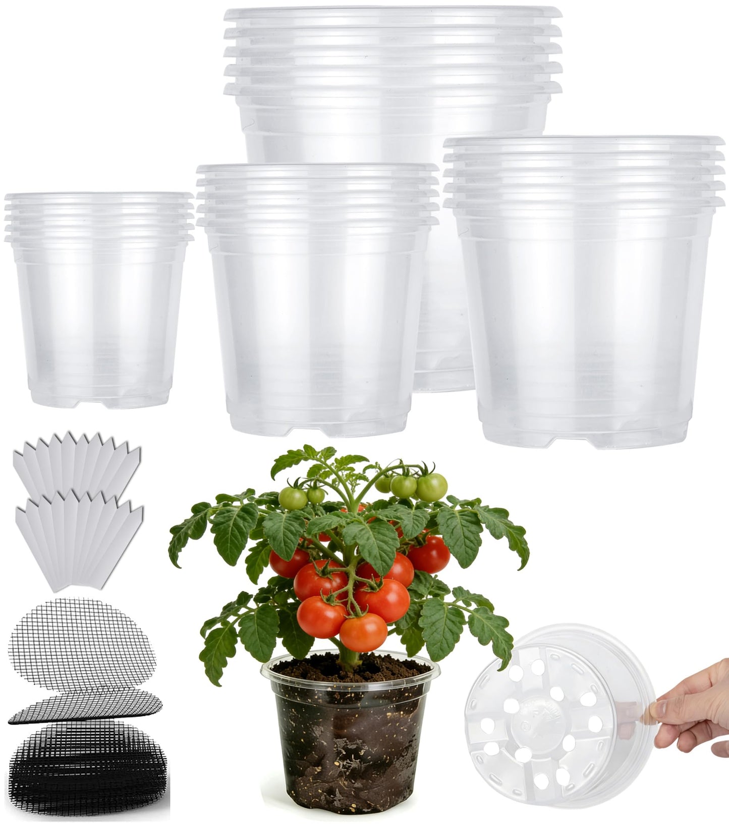 RZOIKZOI 20-Pack Clear Nursery Pots with Drainage Holes (4/5/6/7 Inch) – Transparent Plastic Plant Pots with 20 Labels, Assorted Sizes for Seed Starting, Succulents, Indoor and Outdoor Use