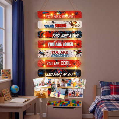 Threehoney Spider Room Decor with LED Lights for Boys Bedroom Wall Decor, Inspirational Spiders You Are Brave Wall Lights Art Decorations for Little Boy Kids Teen Room Playroom Sign Birthday Gifts