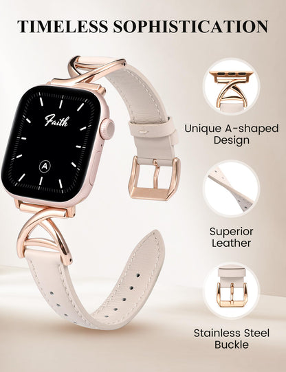 Minyee Leather Band Compatible with Apple Watch Bands 38/40/41/42mm Women,Dressy Premium Leather Strap with A-Shape Metal Buckle for iWatch Series 11 10 9 8 7 6 5 4 SE/Ultra 3 2 1,Starlight/Rose Gold