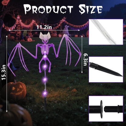 Solar Halloween Decorations Outdoor - 2 Pack 3D Scary Bat & Skeleton Lights, Waterproof LED Solar Garden Lights for Pathway, Lawn, Yard, Patio - Spooky Purple Lighting for Outdoor Holiday Decor