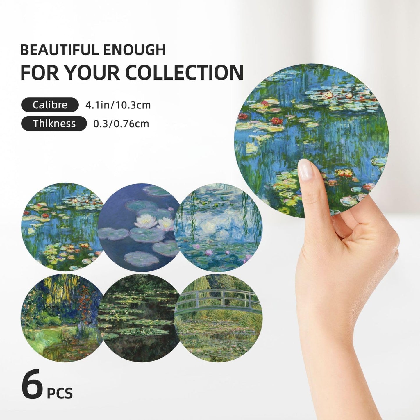 Ceramic Absorbent Art Coasters with Golden Holder Cork Base Set of 6 - Use 6 Famous Paintings, Unique Housewarming Gifts for Home Decorative (Claude Monet - Round - 2)