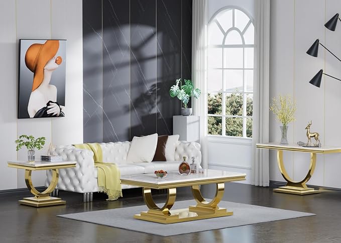 4 Piece Living Room Table Set Include 1 Faux Marble Coffee Table & 2 End Tables & 1 Console Table, Modern White Gold Coffee Table Set of 4 with Double O Shape Stainless Steel Pedestal Base