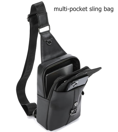 BULLCAPTAIN Men's Leather Samll Crossbody Backpack Sling Chest Bag for Hiking Travel (Black)