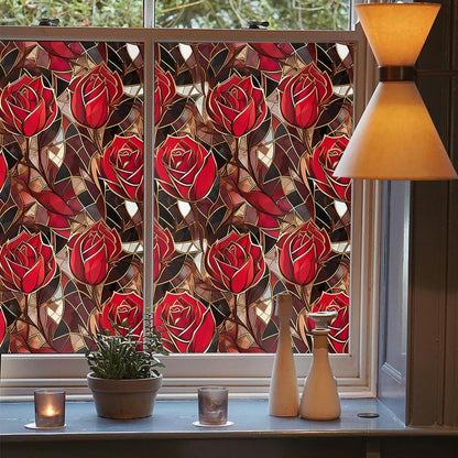 Modern Gold Red Rose Flowers Stained Glass Window Films Decorative Double-Side Privacy Film Self-Adhesive Static Clings for Living Room Bathroom Glass Windows Decor
