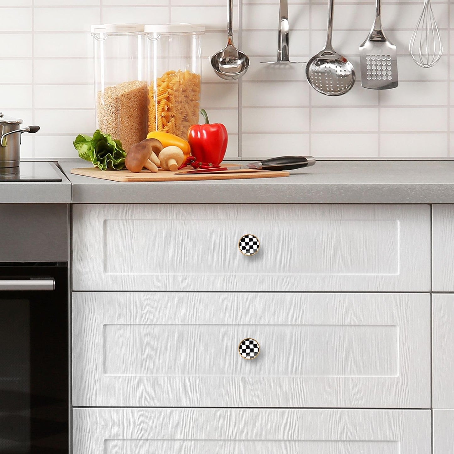 XDKDZIS Checkered Black White Grid 32mm Pull Handles for Cabinets Drawers 4 Pack Dresser Golden Metal Knobs
