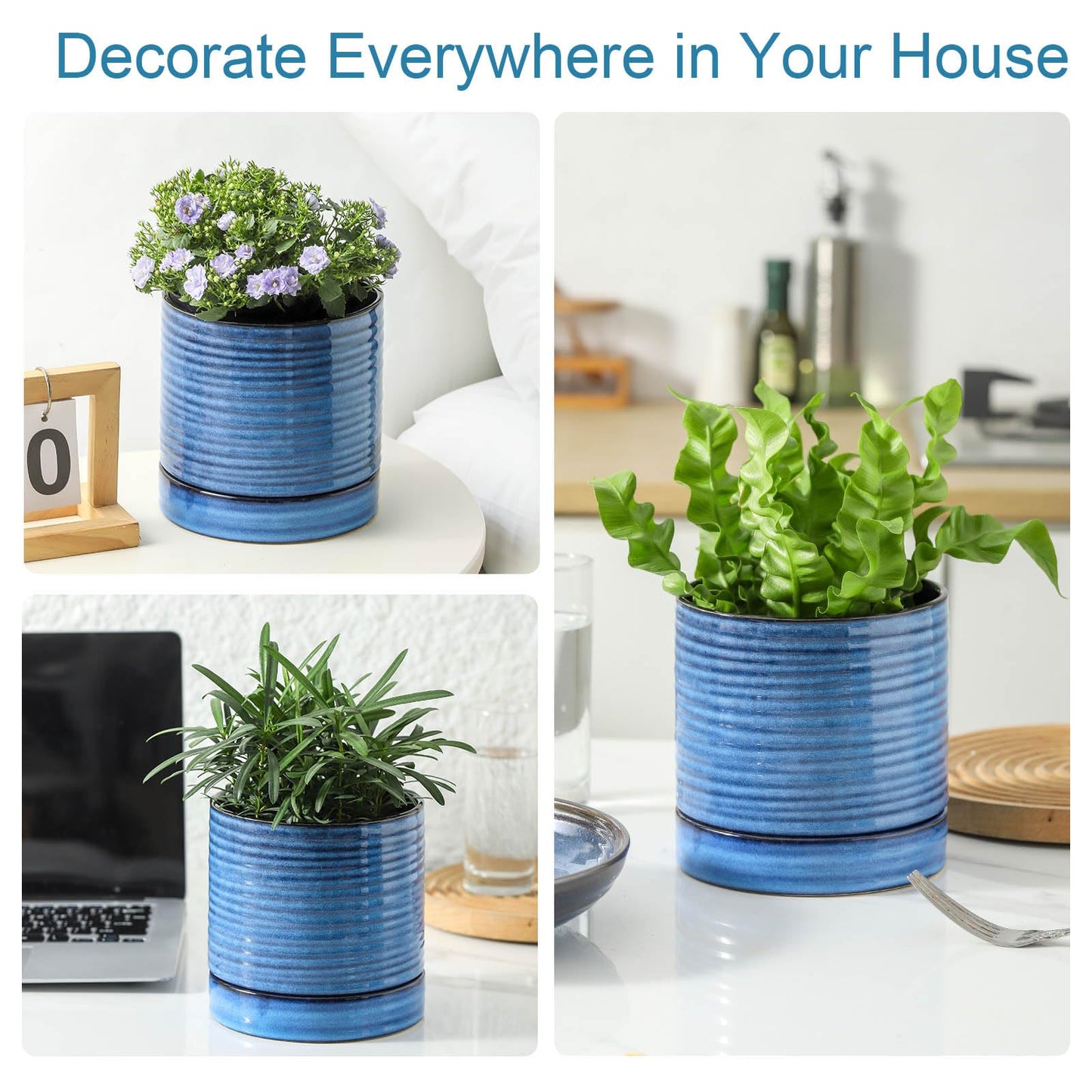 HASENSE Ceramic Plant Pot with Saucer, 6 Inch Planter for Indoor/Outdoor Plants with Drainage Hole,Blue Glazed Flower Pot for Succulents, Snake Plants & Cactus, Modern Farmhouse Decor & Gift