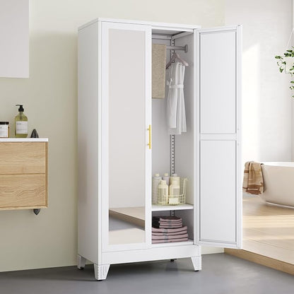 71" Metal Armoire Wardrobe Closet, Steel Clothing Storage Cabinet with Mirror and Adjustable Shelves, Household Steel Wardrobes Storage Cabinet with Adjustable Standing Feet and Hanging Rod（White）