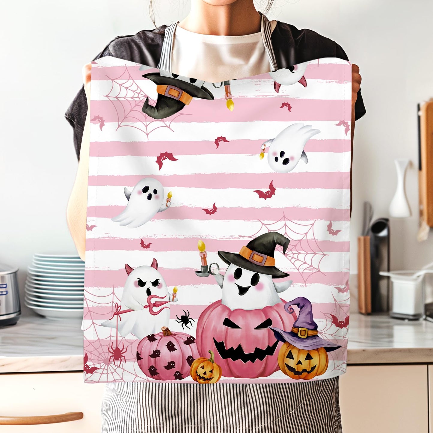 Arquiel Halloween Cute Boo Pumpkin Tea Towels, Cotton Kitchen Towel 18.9 × 27.5 Inch, Quick Drying Dish Cloth for Party Anniversary Holiday Decoration Housewarming Gifts