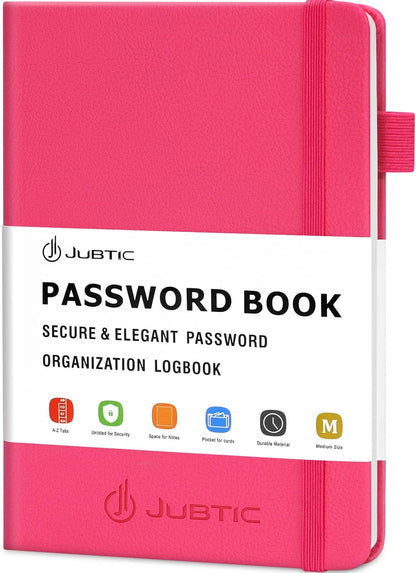JUBTIC Password Book with Alphabetical Tabs. Medium Size Password Keeper Logbook for Internet Log in, Website Address. Hardcover Password Journal Notebook & Organizer for Home Office, Hot Pink