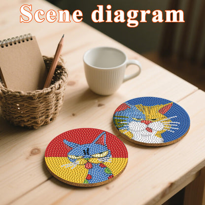 DOTSOPS Cat Diamond Art Coaster with Holder 5D Diamond Painting Kits for Adults Round Full Drill Beginners Gem Dots Craft Arts Supplies Party Home Decor 8PCS