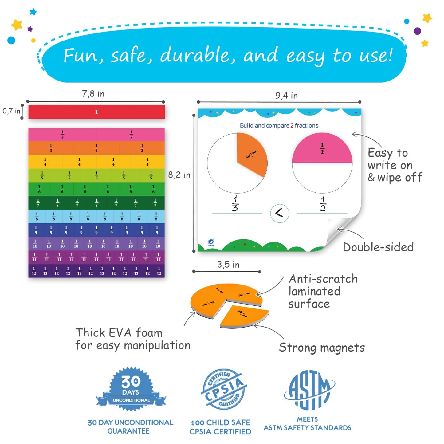 Simply magic 166 PCS Magnetic Fractions Activities Class Set – Fraction Strips, Tiles, Circles & Bars, Magnetic Math Manipulatives for Kids, Perfect Classroom Learning Tools, Homeschool Supplies