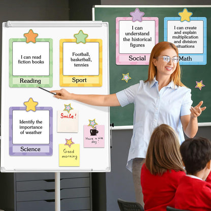 Trandraft 16 Pcs Magnetic Write Wipe Organization Chart Classroom Dry Erase Labels Learning Objectives Board for Whiteboard Goals Targets Classroom Teaching Supplies(Stars)