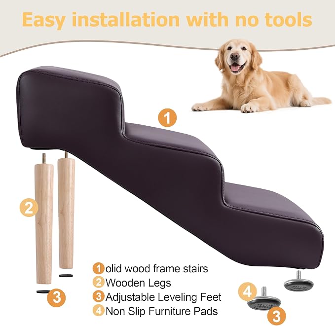 3-Step 15.7" H Dog Stairs for Bed Couch, Waterproof & Scratch PU Leather Pet Steps for Small Dogs and Cats, Dog Ramp with 220 lbs Maximum, Oak Leg & Solid Wood, Non-Slip Feet Brown