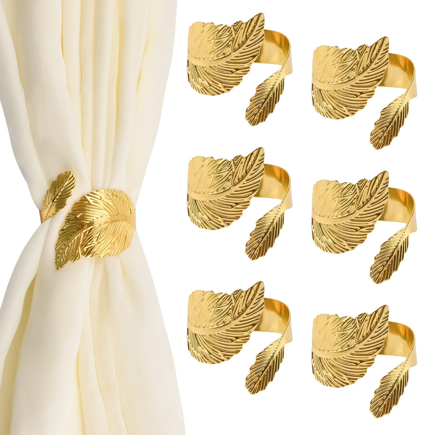 UFURMATE Curtain Tie Backs, 6Pcs Metal Decorative Golden Leaf Curtain Tiebacks Creative Curtain Rope Buckles Spring Drape Holder Clips for Home Office (Gold)