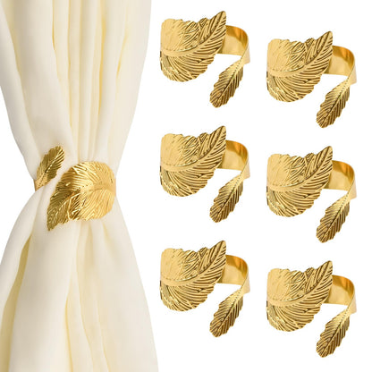 UFURMATE Curtain Tie Backs, 6Pcs Metal Decorative Golden Leaf Curtain Tiebacks Creative Curtain Rope Buckles Spring Drape Holder Clips for Home Office (Gold)